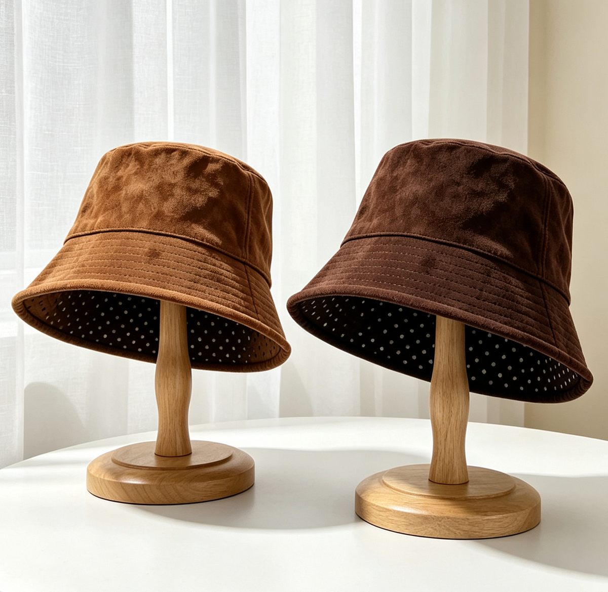 Reversible Faux Suede Bucket Hat With Dotted Side - Coffee - 3