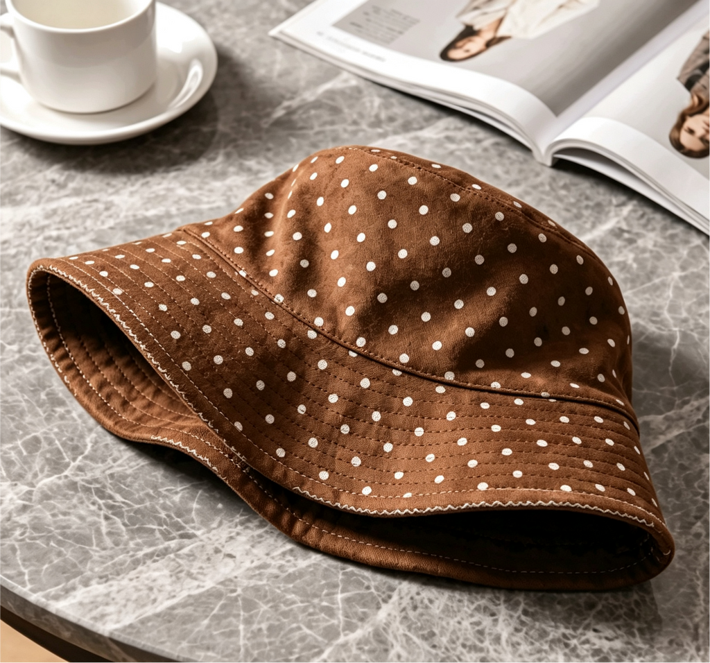 Reversible Faux Suede Bucket Hat With Dotted Side - Coffee - 5