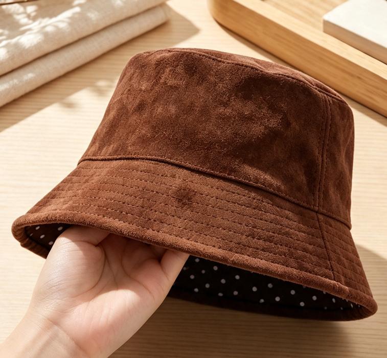 Reversible Faux Suede Bucket Hat With Dotted Side - Coffee - 6