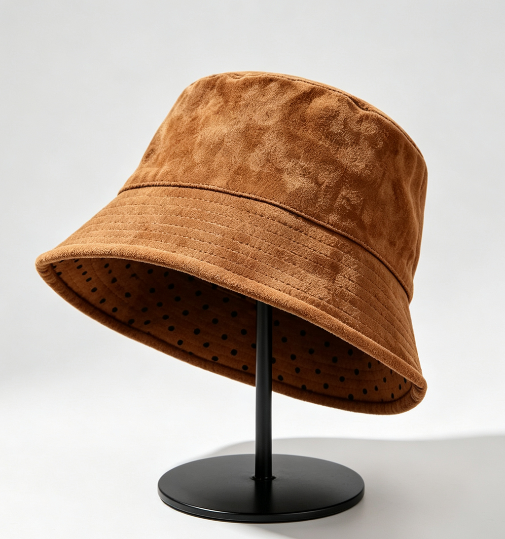 Reversible Faux Suede Bucket Hat With Dotted Side - Khaki