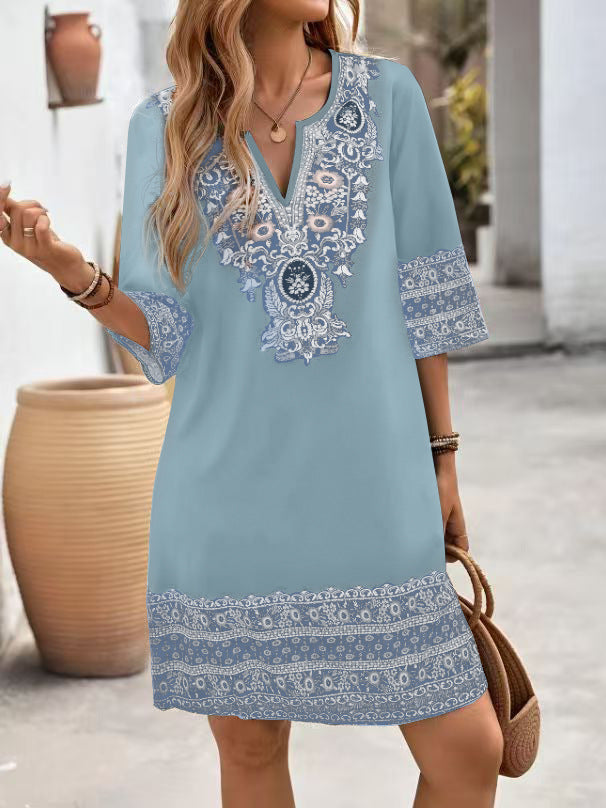 Paisley Border Print Notch Neck Tunic Dress - Blue
