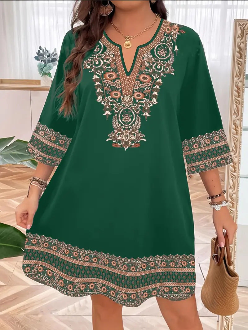 Paisley Border Print Notch Neck Tunic Dress - Green