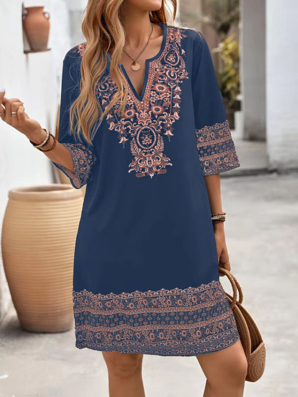 Paisley Border Print Notch Neck Tunic Dress - Navy