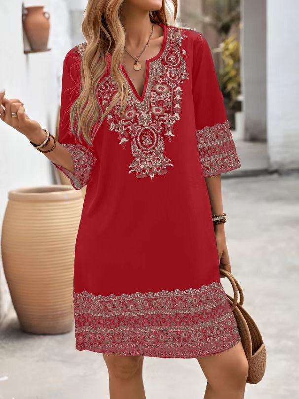 Paisley Border Print Notch Neck Tunic Dress - Red