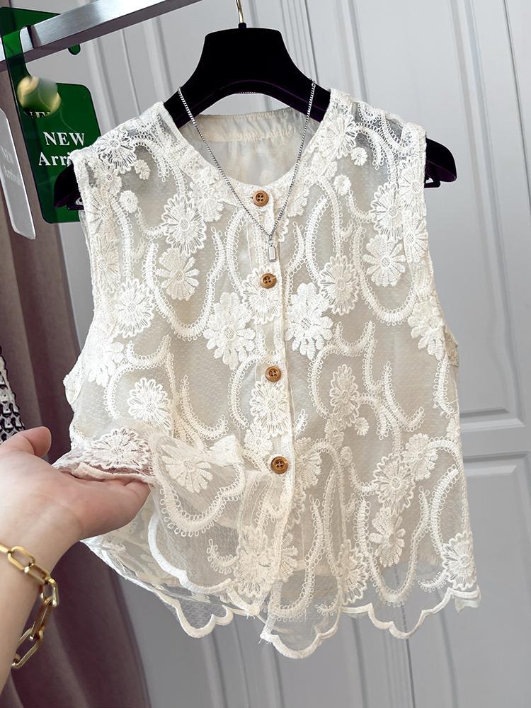 Sheer Daisy Lace Button Front Tank Top - Beige