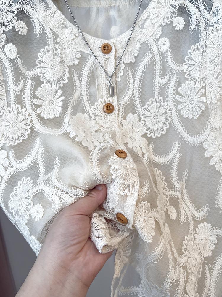Sheer Daisy Lace Button Front Tank Top - Beige - 5