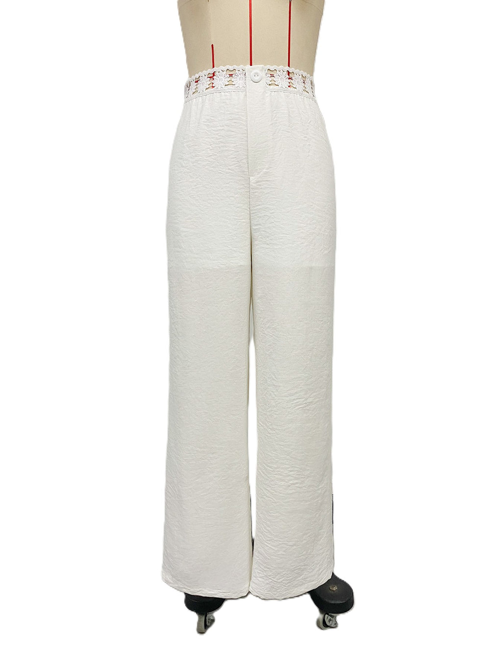 Wide Leg Pants With Crochet Lace Waistband - White - 1