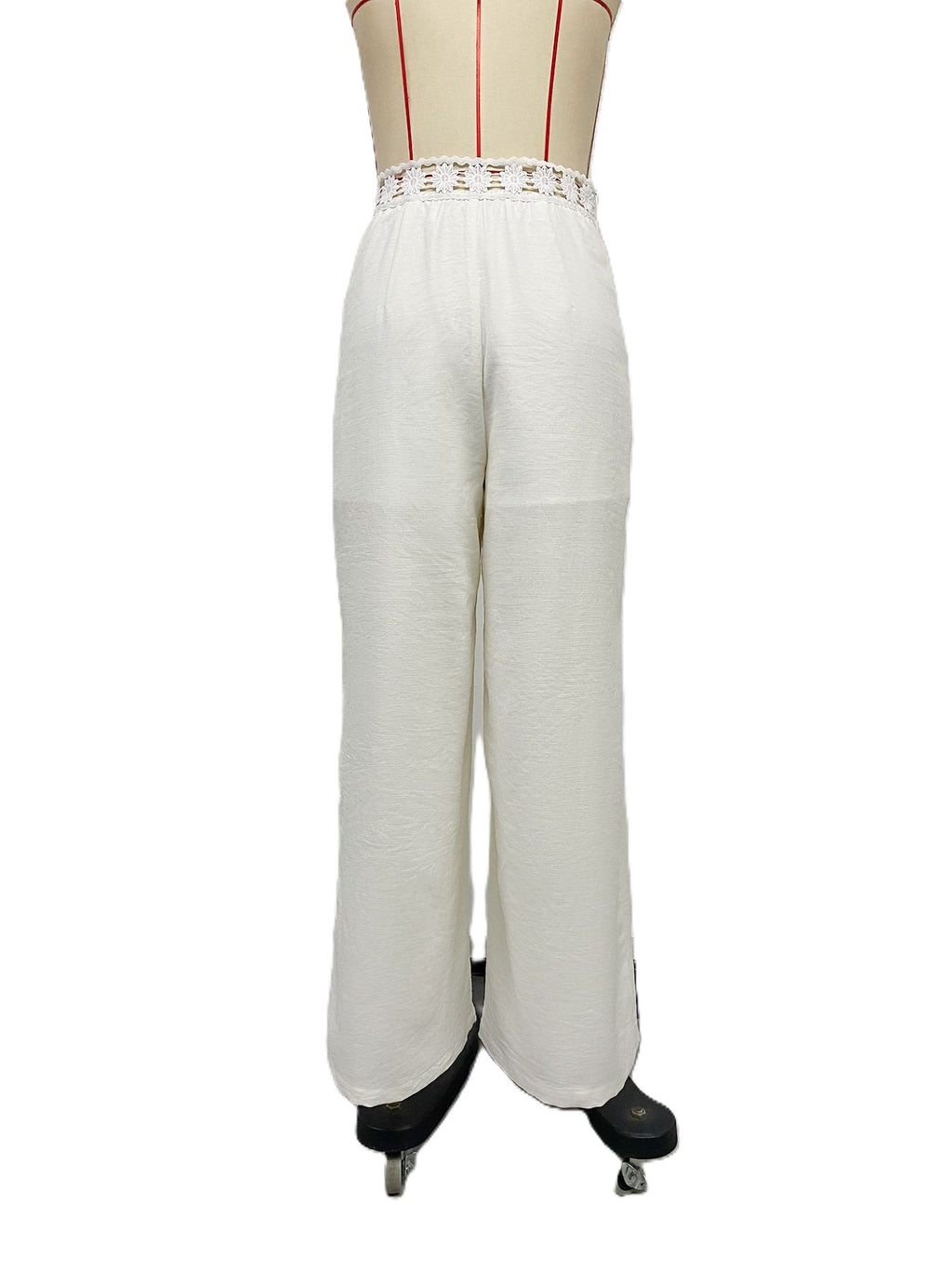 Wide Leg Pants With Crochet Lace Waistband - White - 2