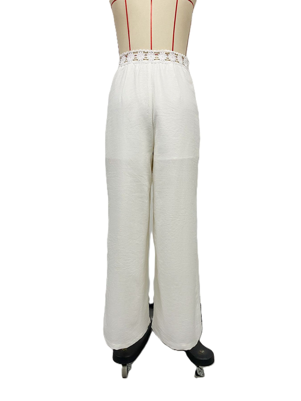 Wide Leg Pants With Crochet Lace Waistband - White - 2