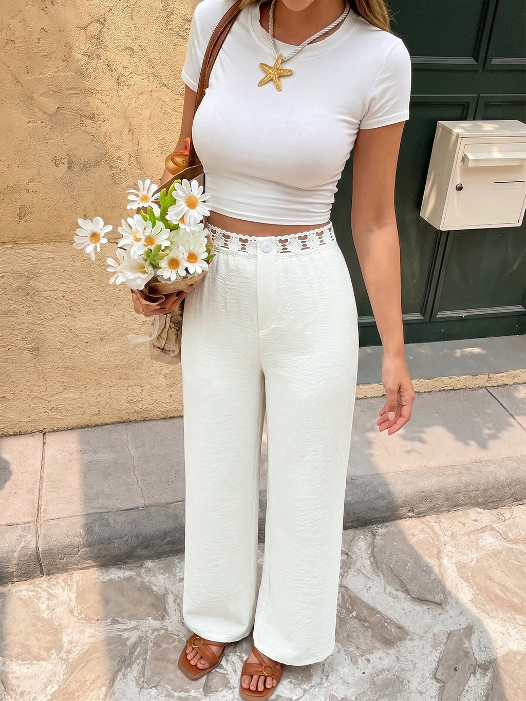 Wide Leg Pants With Crochet Lace Waistband - White - 3