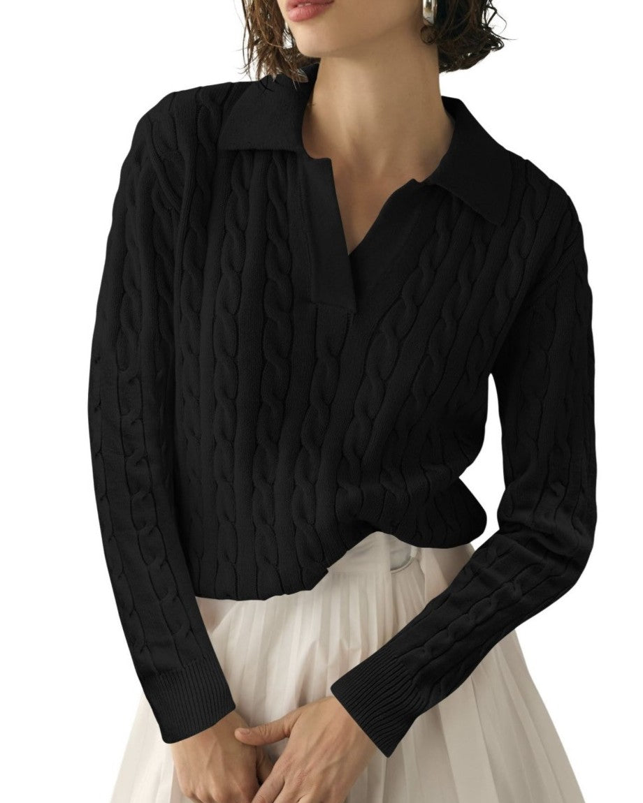 Cable Knit Johnny Collar Long Sleeve Top - Black