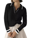 Cable Knit Johnny Collar Long Sleeve Top - Stripe_1