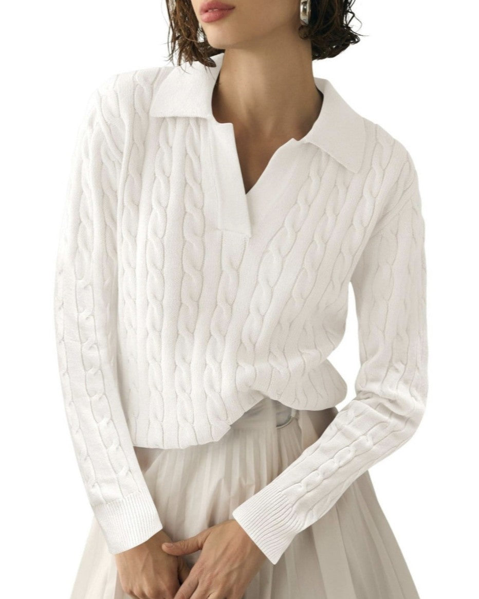 Cable Knit Johnny Collar Long Sleeve Top - White