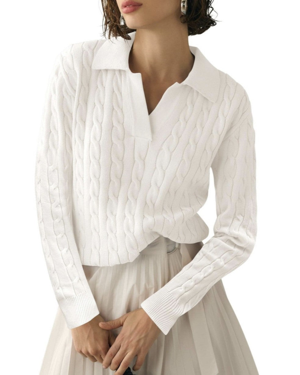 Cable Knit Johnny Collar Long Sleeve Top - White - 1