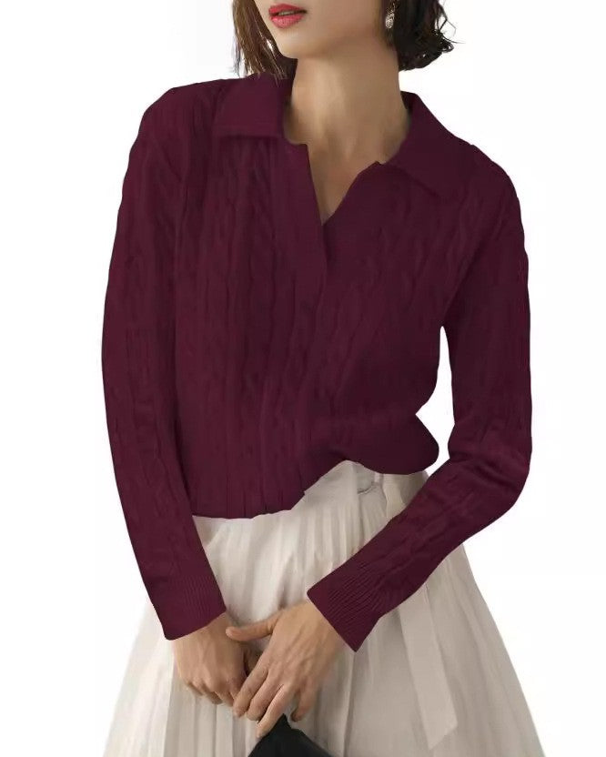 Cable Knit Johnny Collar Long Sleeve Top - Wine-Red