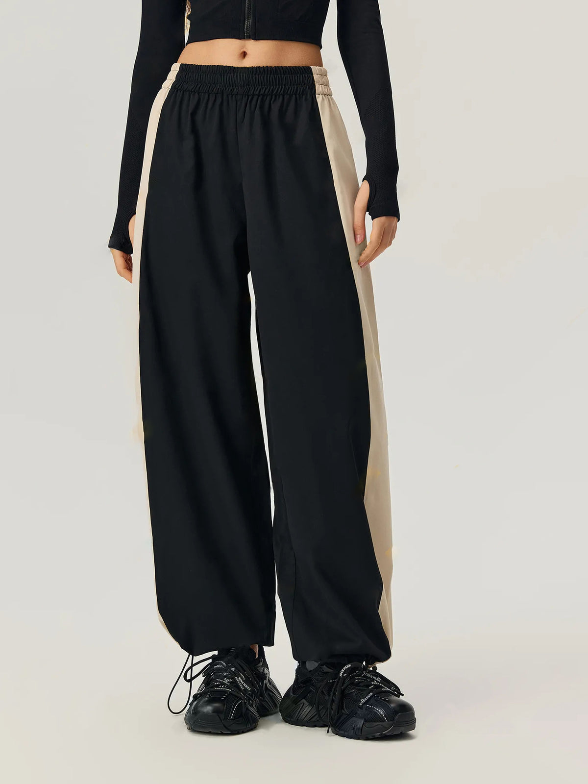 Contrast Side Stripe Wide Leg Trousers - Black