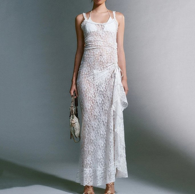 Sheer Lace Ruffle Trim Maxi Dress - White