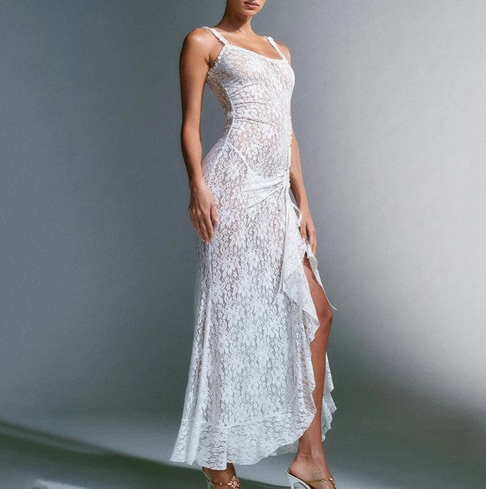 Sheer Lace Ruffle Trim Maxi Dress - White - 1