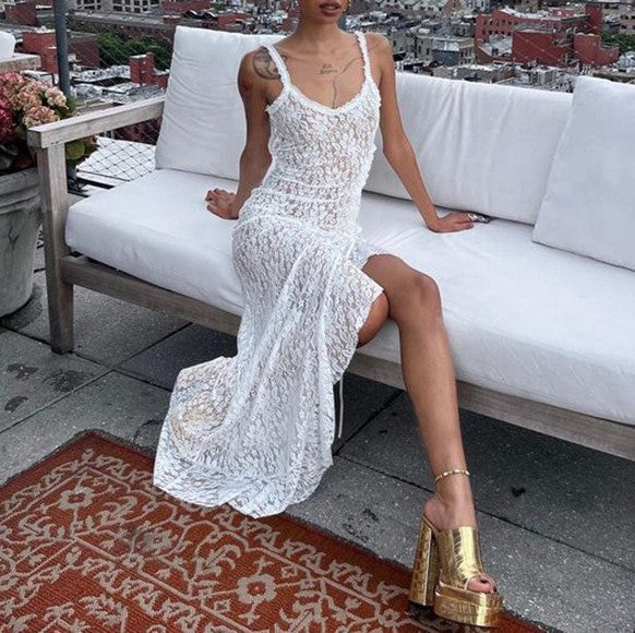 Sheer Lace Ruffle Trim Maxi Dress - White - 2