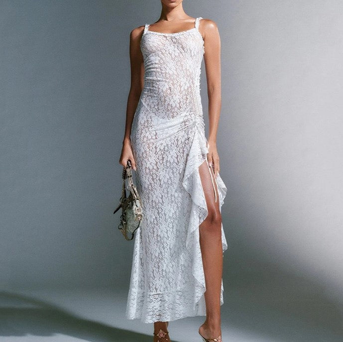 Sheer Lace Ruffle Trim Maxi Dress