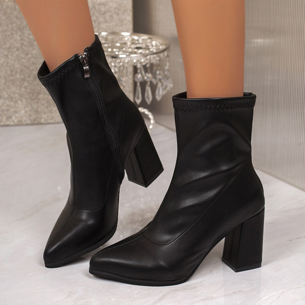 Pointed Faux Leather Block Heel Ankle Boots