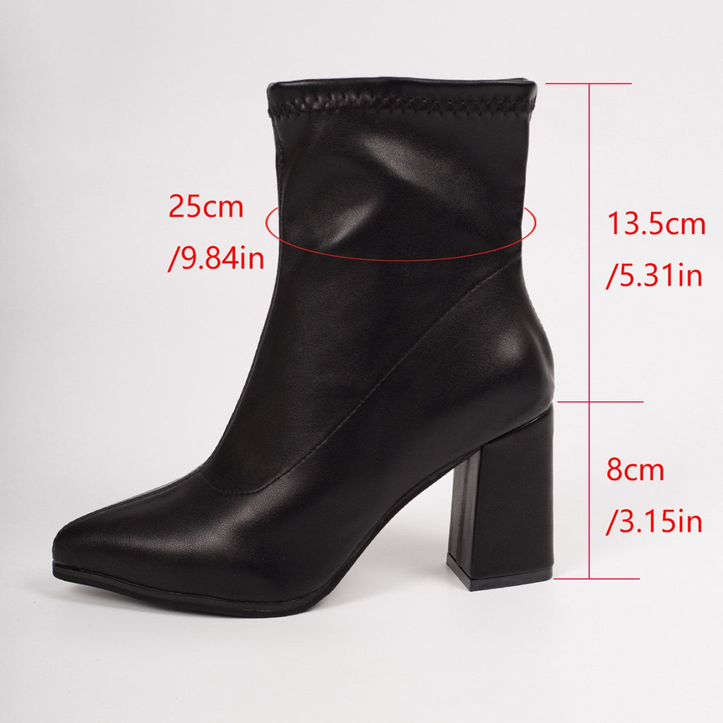 Pointed Faux Leather Block Heel Ankle Boots