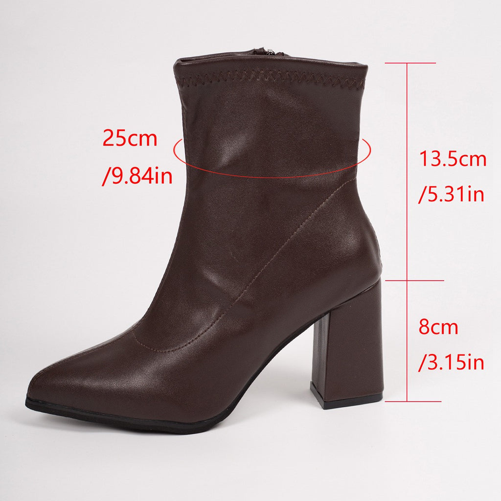 Pointed Faux Leather Block Heel Ankle Boots