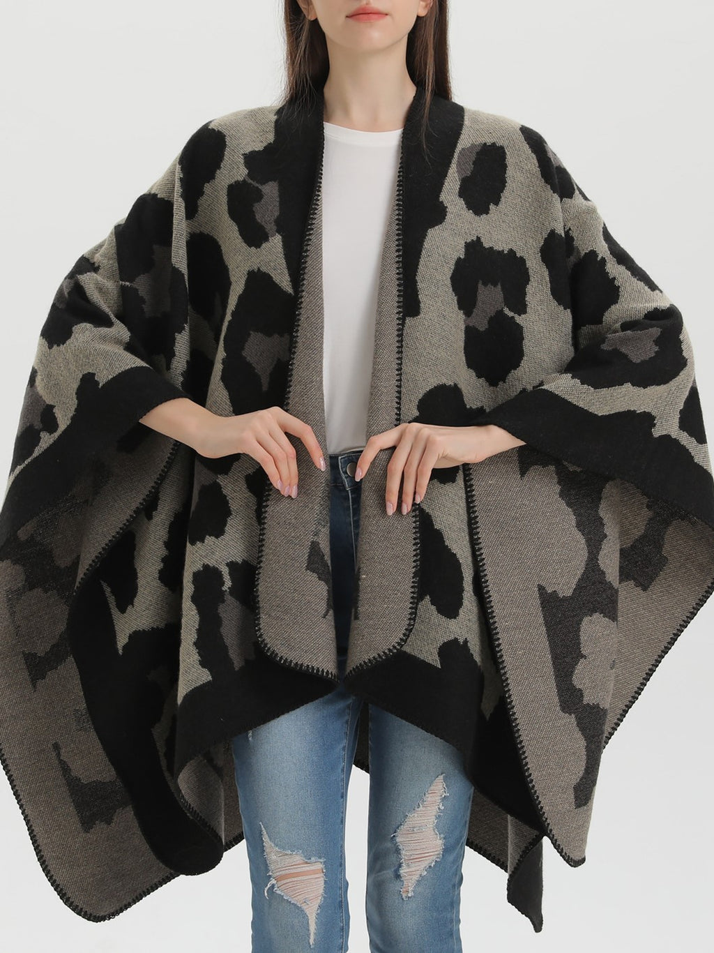 Leopard Jacquard Open Front Blanket Cardigan - black