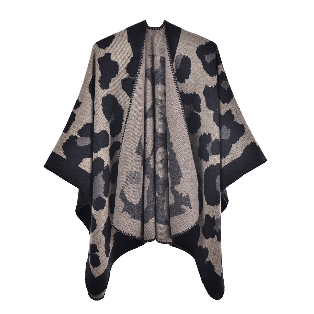 Leopard Jacquard Open Front Blanket Cardigan - black - 1