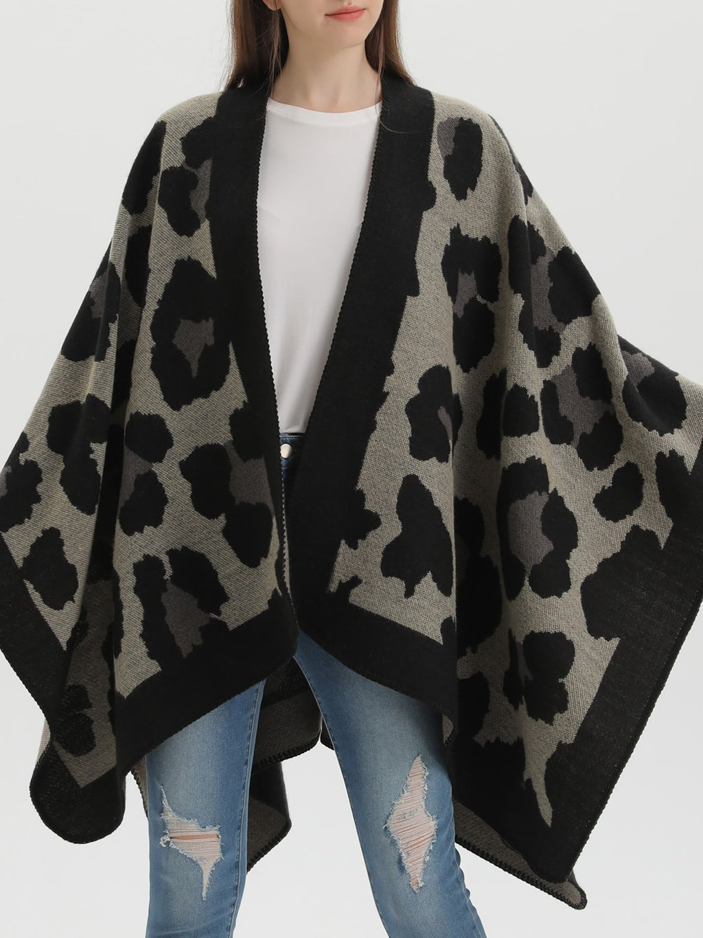 Leopard Jacquard Open Front Blanket Cardigan - black - 3