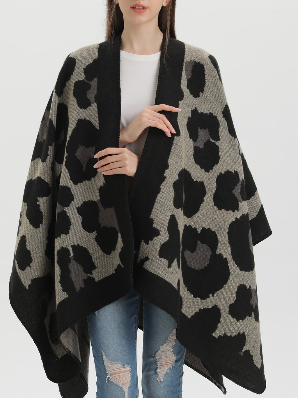 Leopard Jacquard Open Front Blanket Cardigan - black - 4