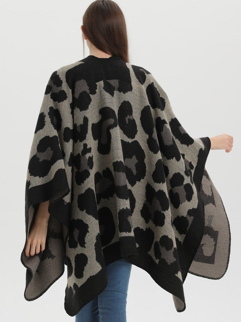 Leopard Jacquard Open Front Blanket Cardigan - black - 5
