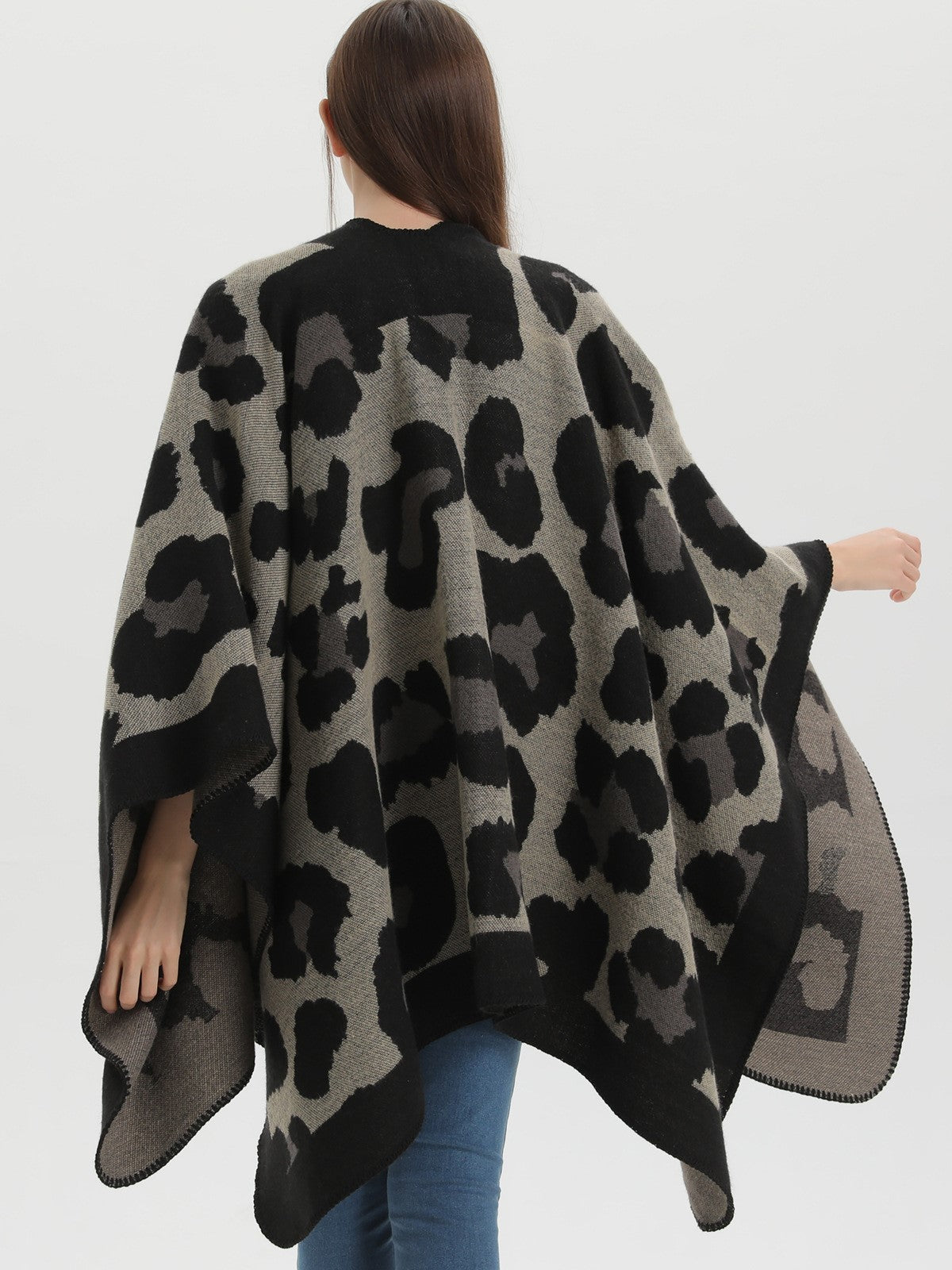 Leopard Jacquard Open Front Blanket Cardigan - black - 5