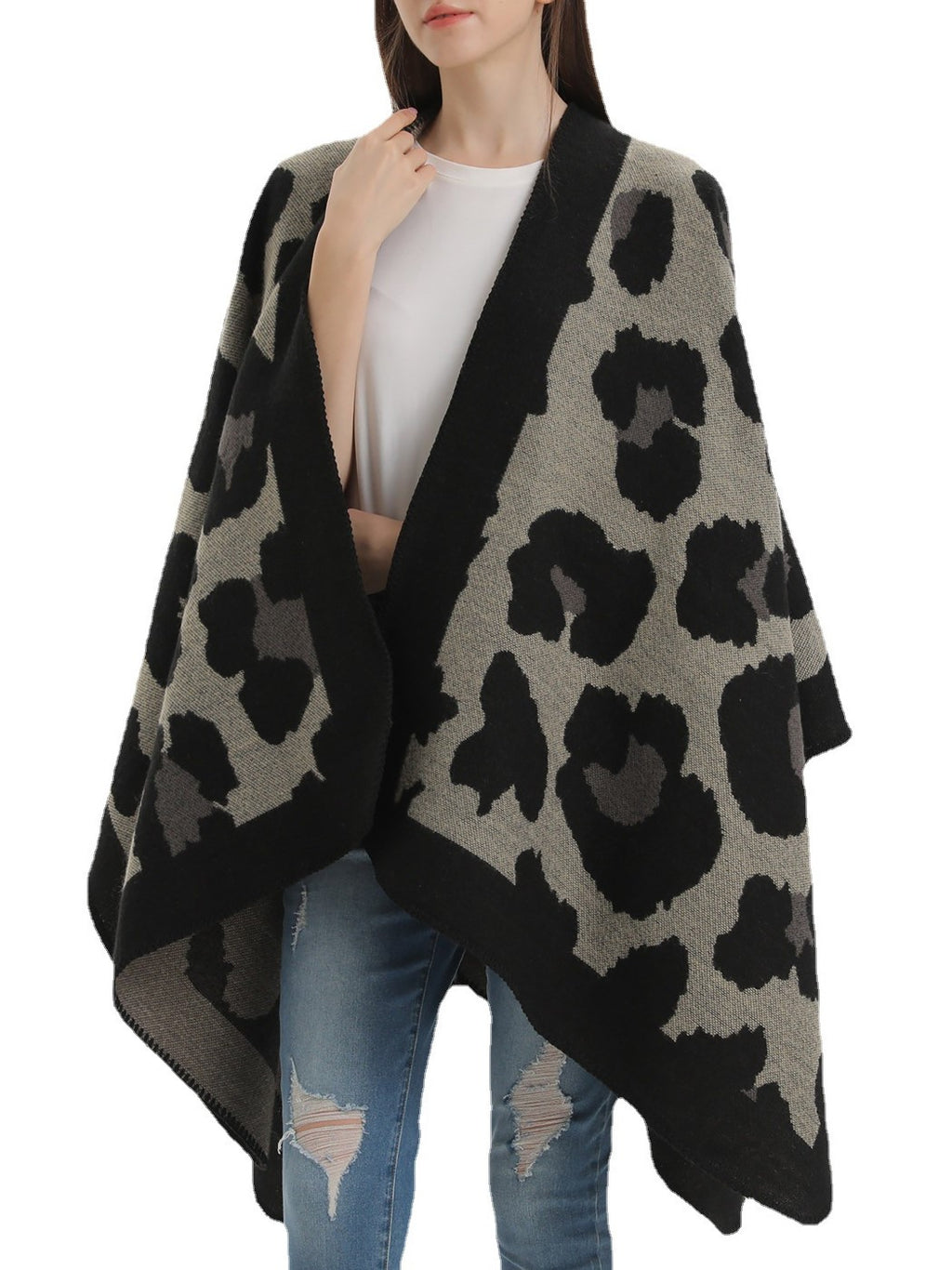 Leopard Jacquard Open Front Blanket Cardigan - black - 6