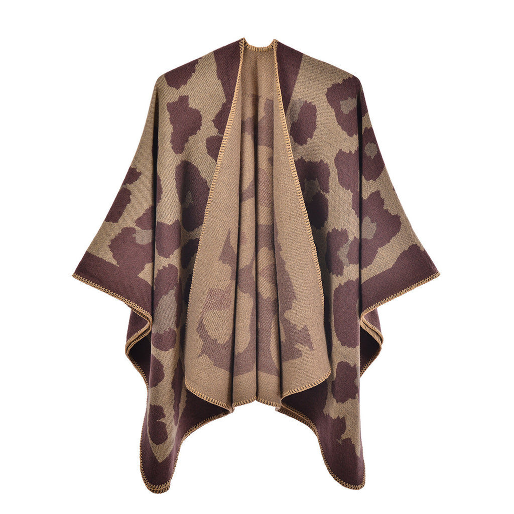 Leopard Jacquard Open Front Blanket Cardigan - coffee