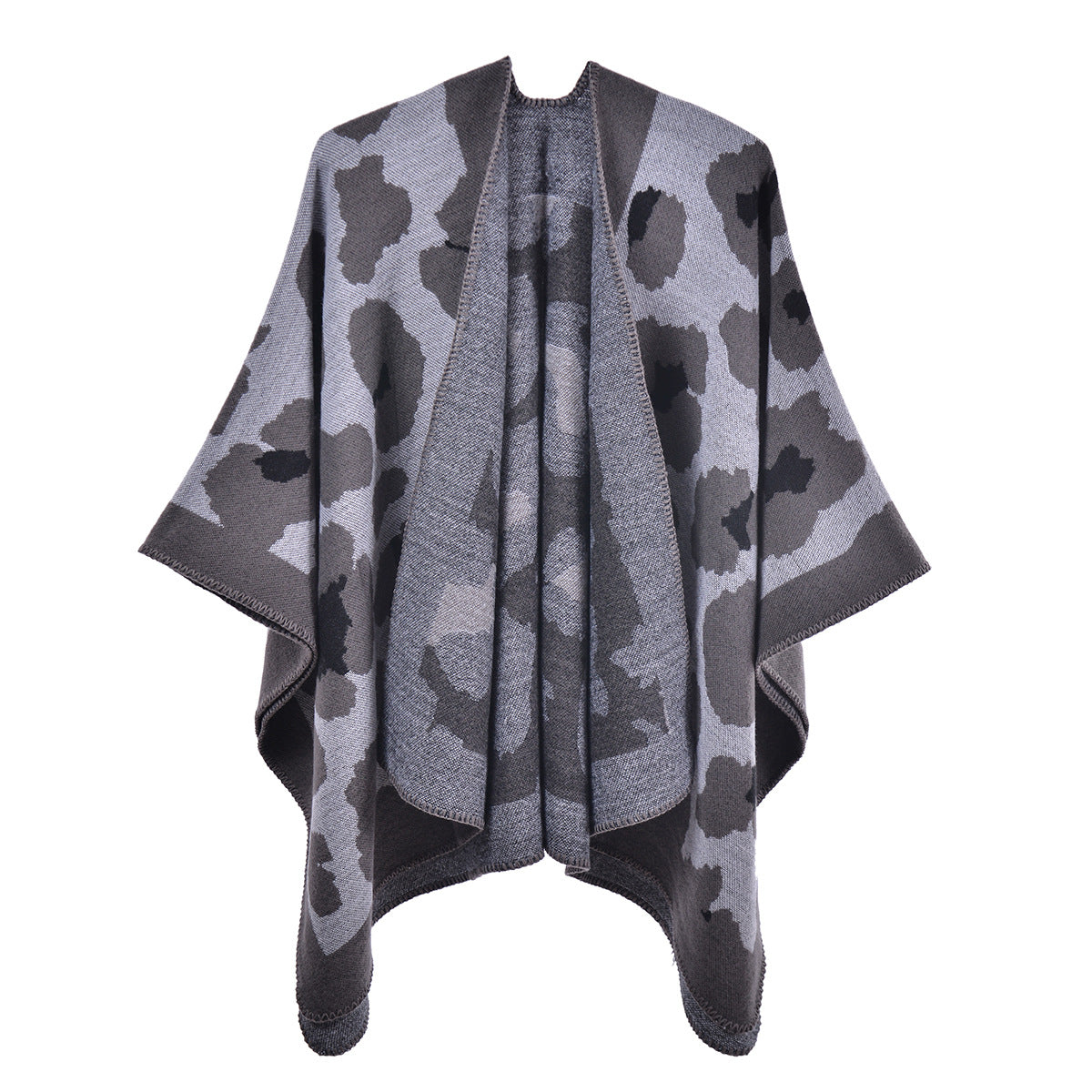 Leopard Jacquard Open Front Blanket Cardigan - gray