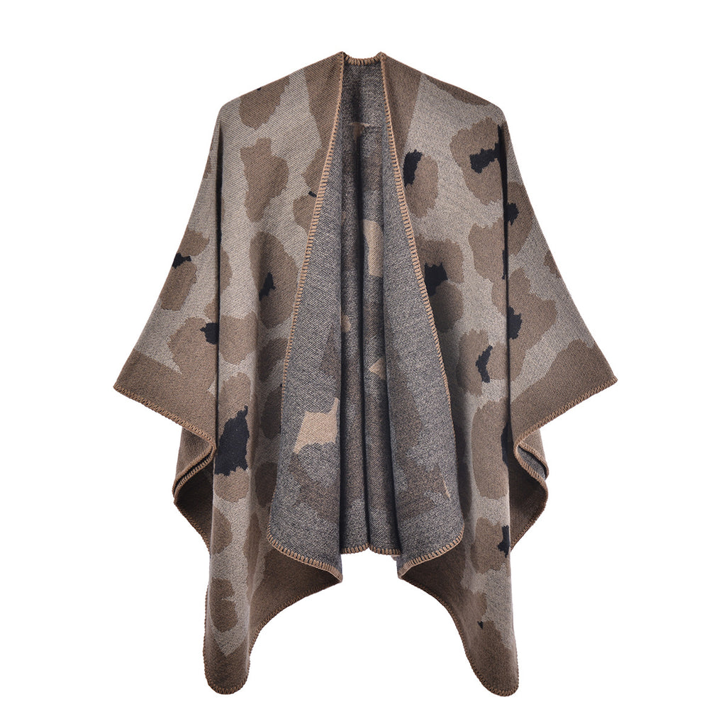 Leopard Jacquard Open Front Blanket Cardigan - khaki