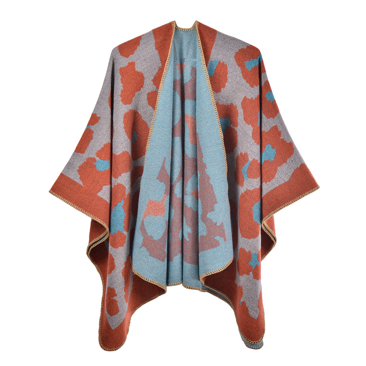 Leopard Jacquard Open Front Blanket Cardigan - orange