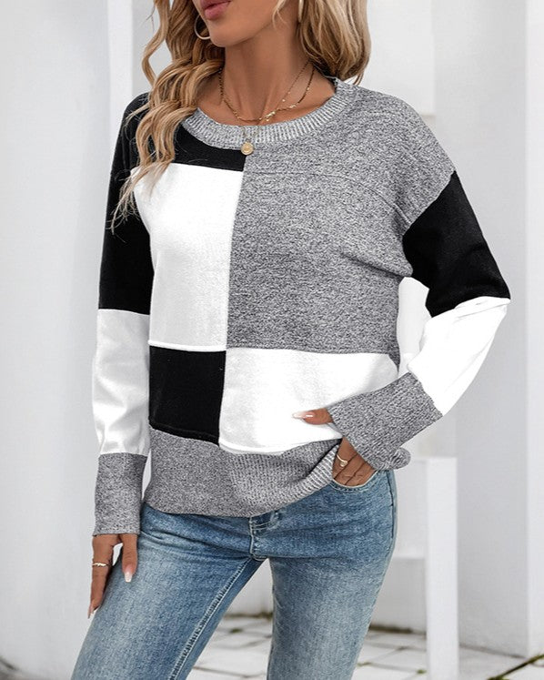 Colorblock Patchwork Drop Shoulder Sweater - Grey