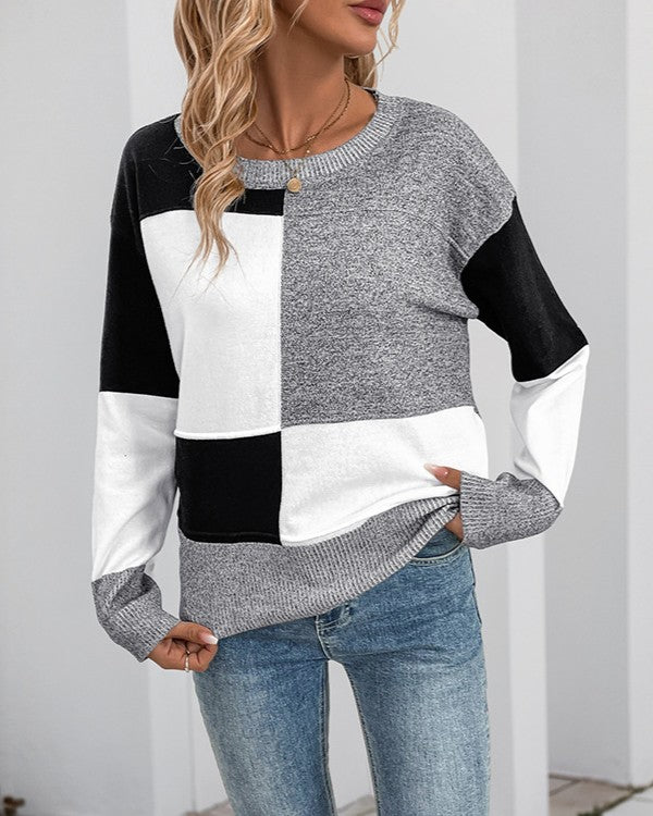 Colorblock Patchwork Drop Shoulder Sweater - Grey - 1