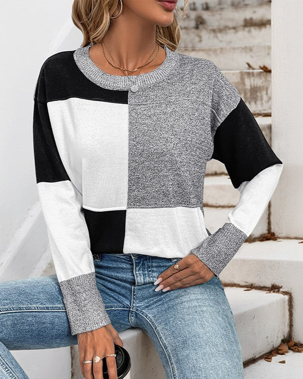 Colorblock Patchwork Drop Shoulder Sweater - Grey - 2