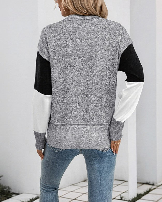 Colorblock Patchwork Drop Shoulder Sweater - Grey - 3