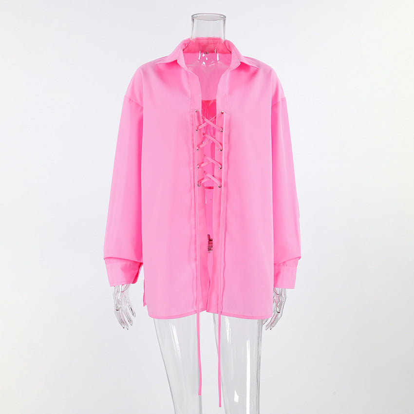 Lace Up Front Oversized Longline Shirt - Pink