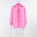 Lace Up Front Oversized Longline Shirt - Pink