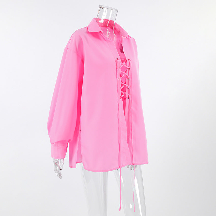 Lace Up Front Oversized Longline Shirt - Pink - 1