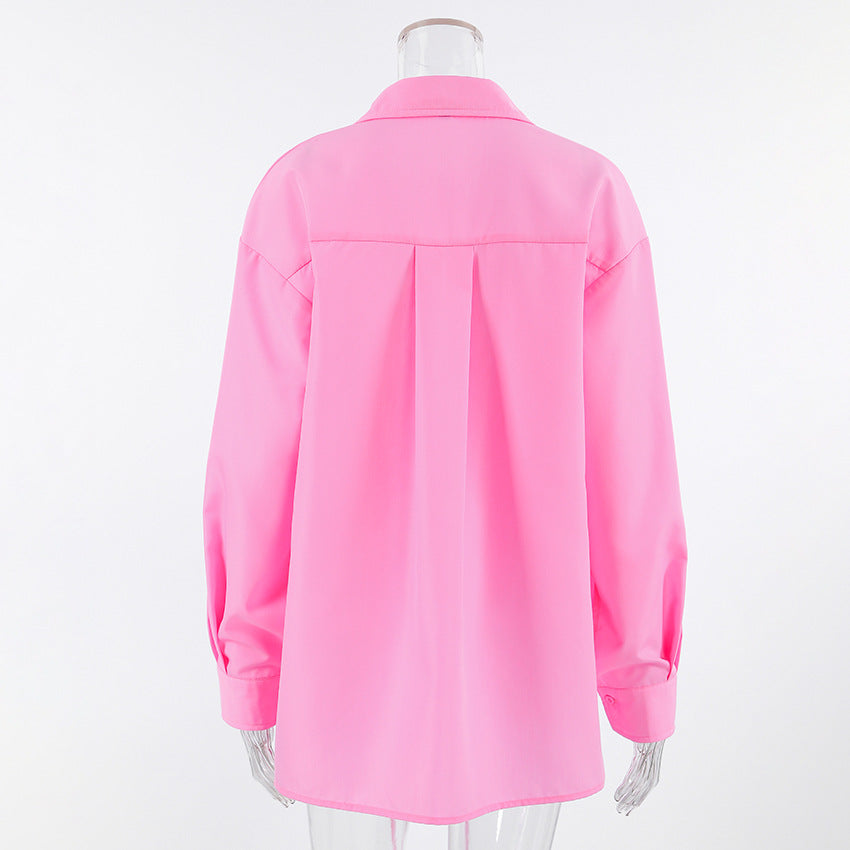 Lace Up Front Oversized Longline Shirt - Pink - 2