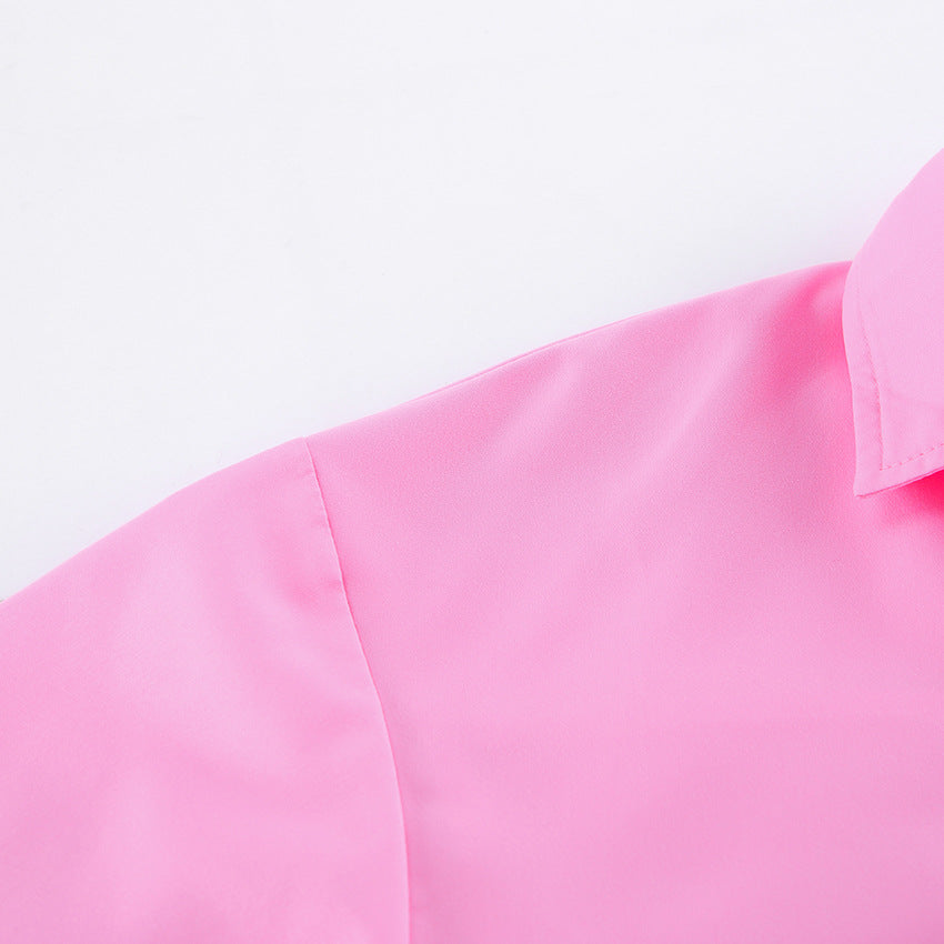 Lace Up Front Oversized Longline Shirt - Pink - 3