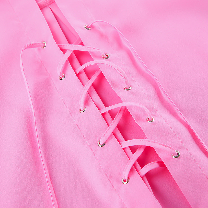 Lace Up Front Oversized Longline Shirt - Pink - 4