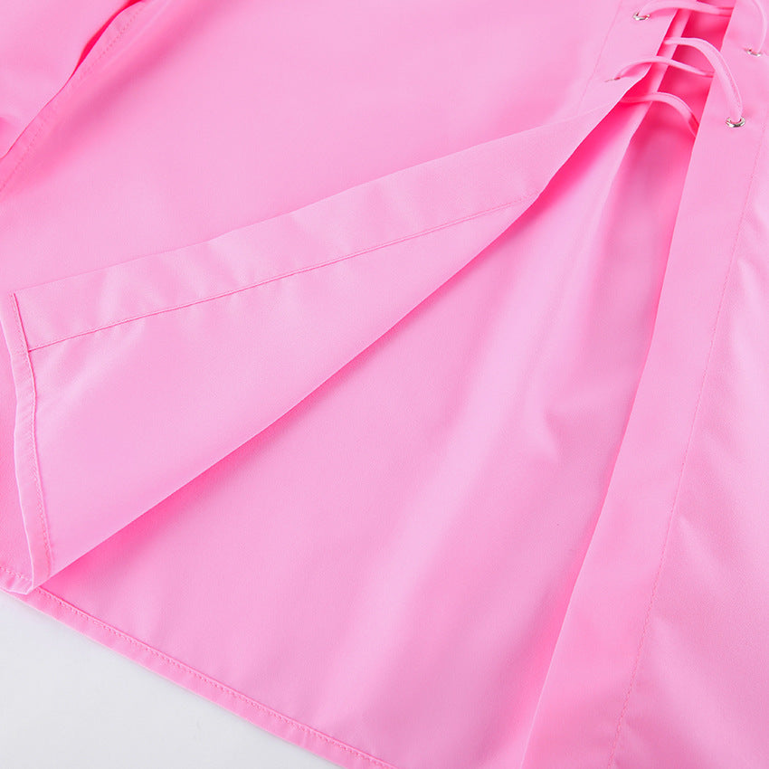 Lace Up Front Oversized Longline Shirt - Pink - 5