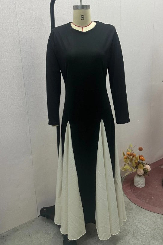 Contrast Panel Flared Long Sleeve Maxi Dress - black - 4